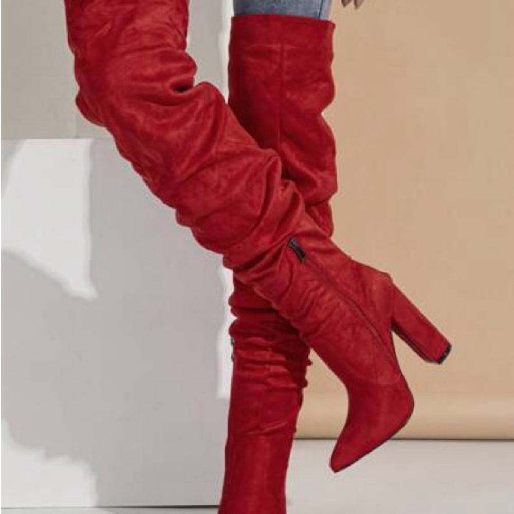 Red Suede Knee-High Boots